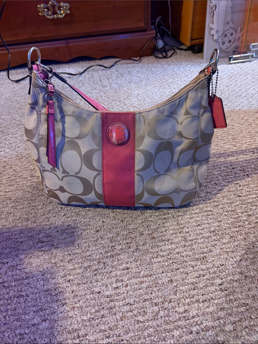 Coach Beige Signature Shoulder Bag with Pink Trim